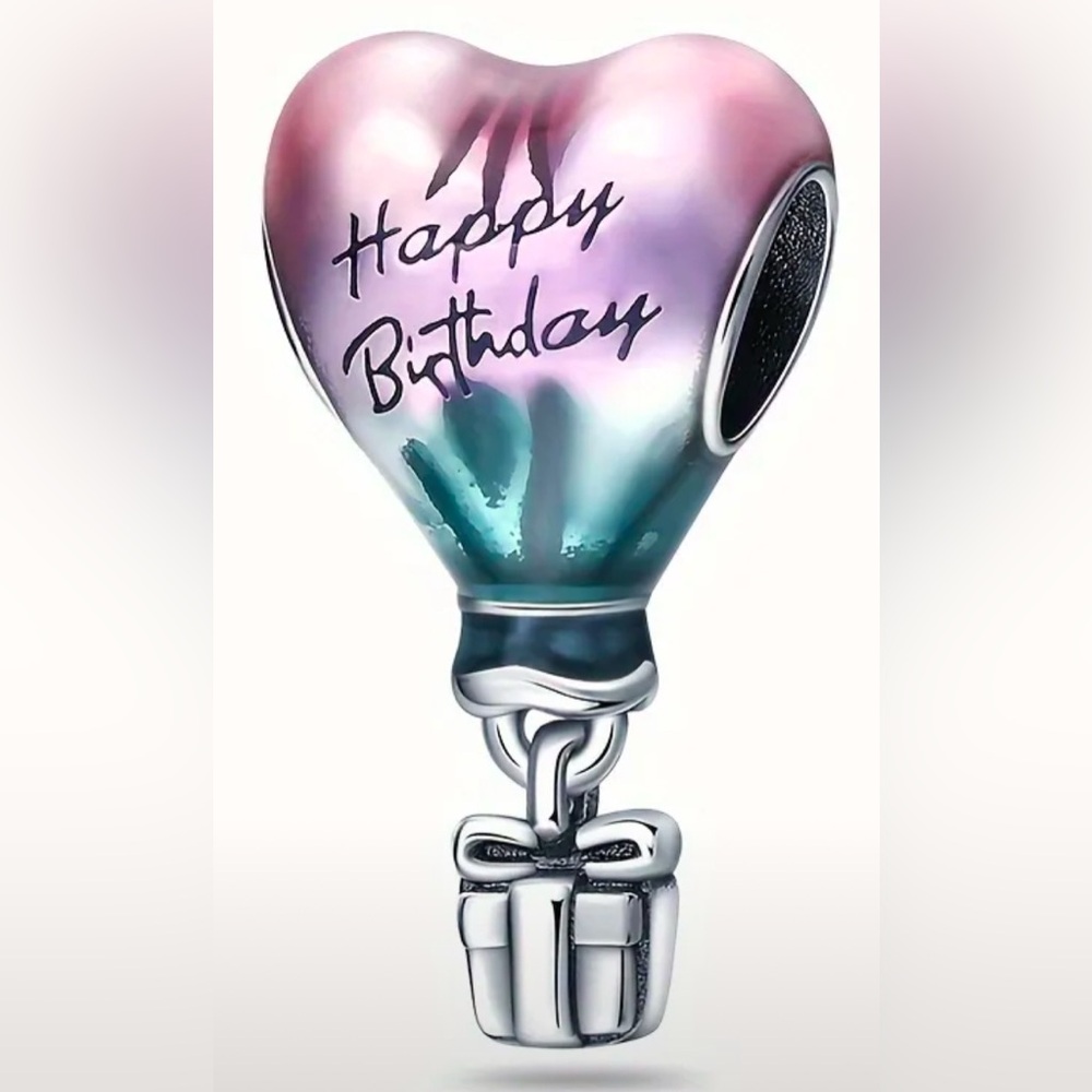Silver "Happy Birthday" Heart Hot Air Balloon & Gift Box Charm